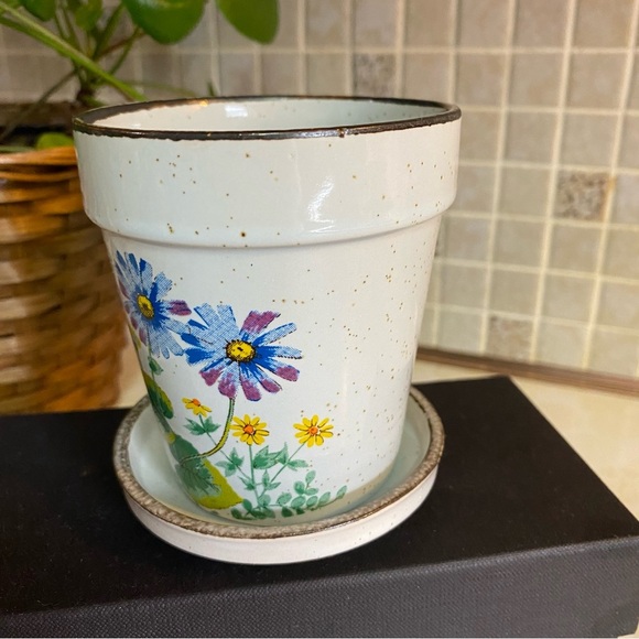 Vintage Speckled Stoneware small flower pot and saucer made in Japan - Picture 3 of 6
